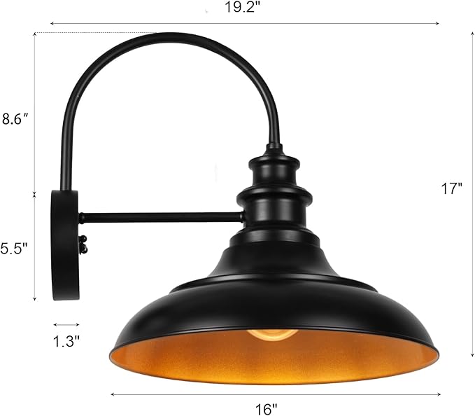Dusk to Dawn Sensor Outdoor Barn Light Fixtures, 16 Inch Dome Farmhouse Outdoor Wall Sconces, Rustic Gooseneck Exterior Wall Mount Lights, Industrial Black Gold Wall Lanterns for Porch, 2 Pack