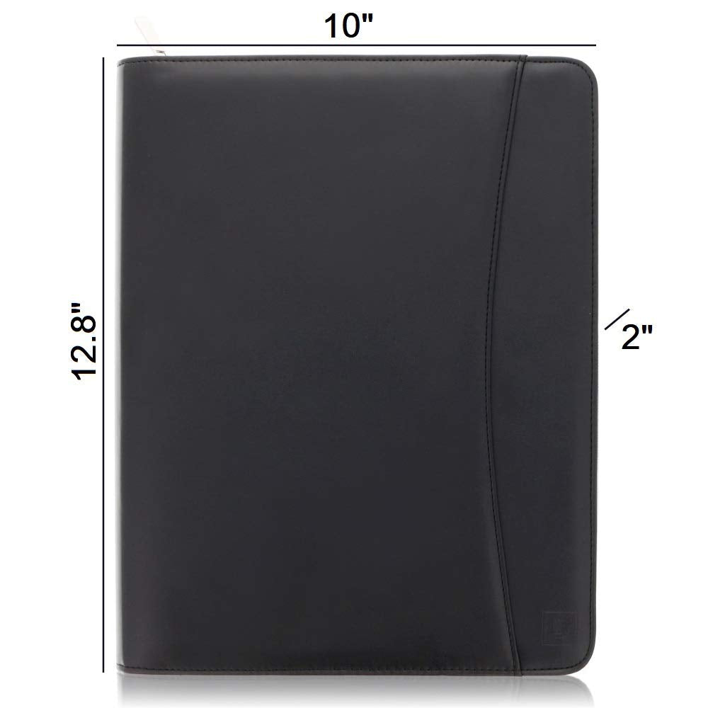 Lautus Designs Black Zippered Leather Portfolio - High Capacity 2-Inch Spine - Fits Surface Go & iPad Pro/Air 11 Inch - Professional Resume Padfolio