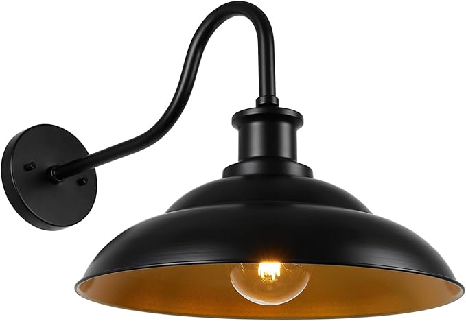 Outdoor Gooseneck Barn Light Fixture, 16 Inch Dome Large Wall Sconce Farmhouse Exterior Wall Mount Light for House Garage Patio Doorway