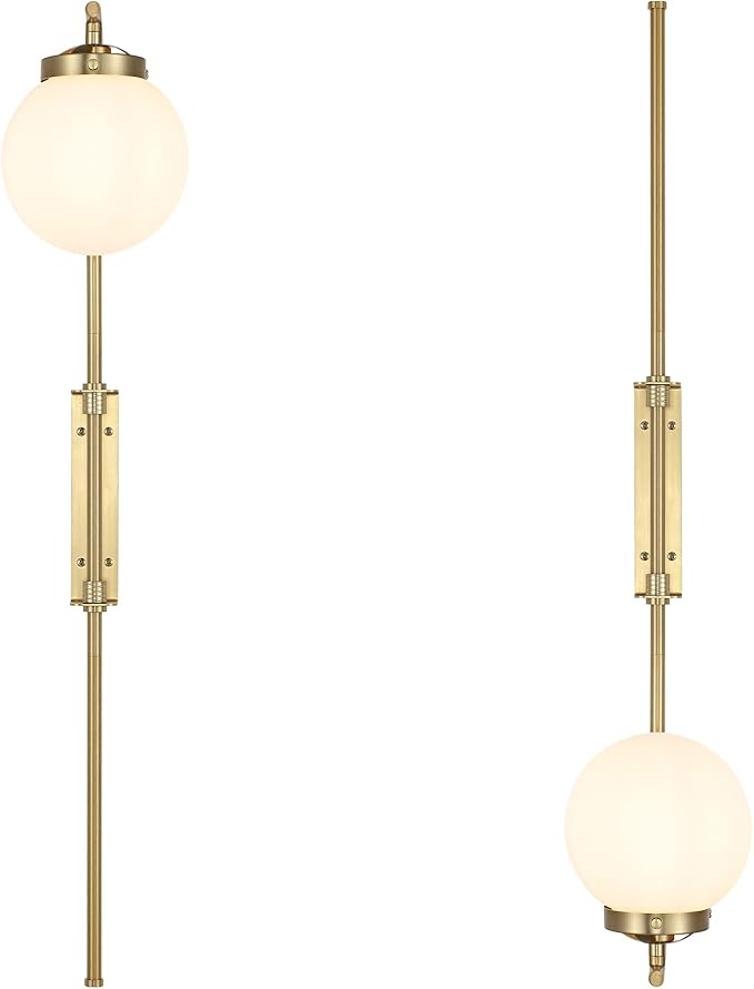 ELEHINSER Gold Wall Sconces Set of 2 with Globe Shade, Modern Indoor Plug in Wall Lamps with Switch, Angle Adjustable Light for Bedroom Living Room Study Hallway Bedside