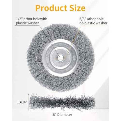 Wire Brush for Grinder - 6 Inch Fine Crimped Wire Wheel for Bench Grinder with 1/2" and 5/8" Arbor, Efficiently Polish Nuts, Bolts and Assorted Car Parts.