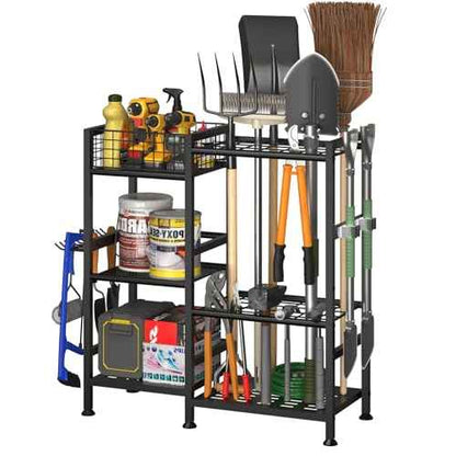 keomaisyto Garden Tool Organizer With Basket - 3 Tier Yard Storage Rack for Garage Organization, Heavy Duty Holder With 35 Long-Handled Slots for Shed, Yard, Garage