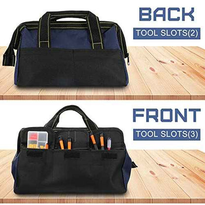 Cunno 2 Pcs Tool Bag with Waterproof Strong Molded Base Multi Pockets Wide Mouth Tool Tote Multifunctional Tool Bag Organizer Large Capacity Heavy Duty Tool Storage Bag(Blue,18 Inch, 13 Inch)