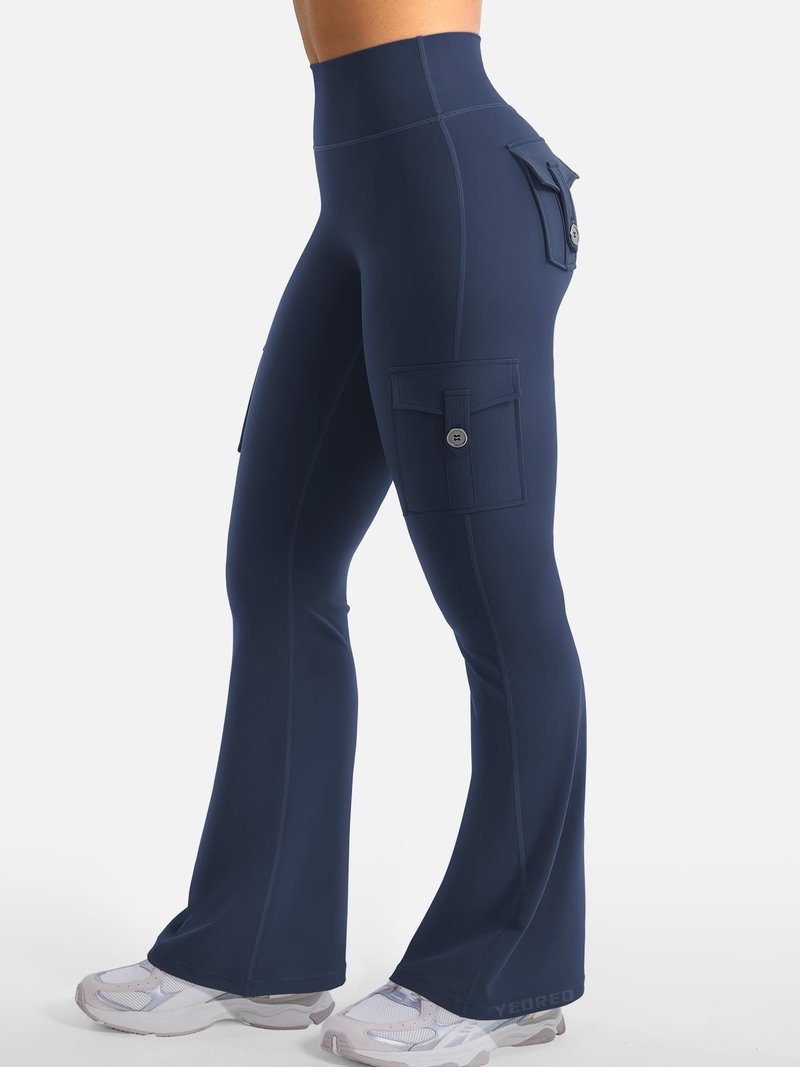 YEOREO CoreFlex Women Workout Flare Leggings with Pockets Hidden Scrunch High Waisted Cargo Gym Yoga No Front Seam Leggings Blue Navy L
