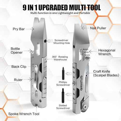Multitool Pry Bar Wrench Tool with Flat/Phillips Screwdriver Folding Multi-tool Box Cutter Blade Knife, Bottle Opener, Steel Handle, Everyday Carry, Cycling, Camping EDC Pocket Gadget Gifts for Men