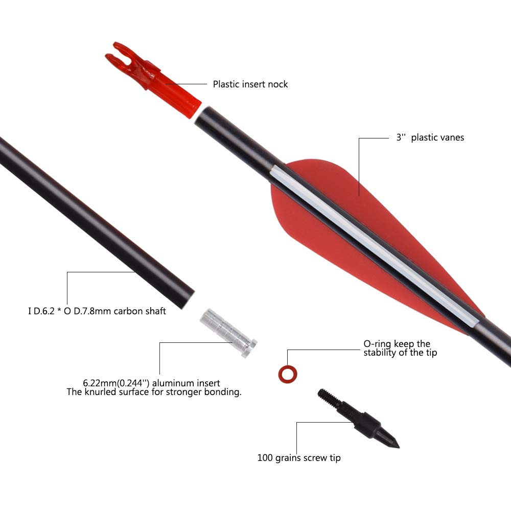 Elong 6PCS 26" Arrows for Compound Bows,Carbon Hunting Arrows for Archery Spine 500 with 100 Grain Screw Tips, for Compound & Recurve & Traditional Bow(with 6 Extra Nocks)