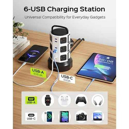Power Strip Tower Surge Protector, JACKYLED 1625W 13A Outlet Surge Electric Tower, 12 Outlets 6 USB Ports Charging Station with 16AWG 15ft Heavy Duty Extension Cord for Home Office Dorm