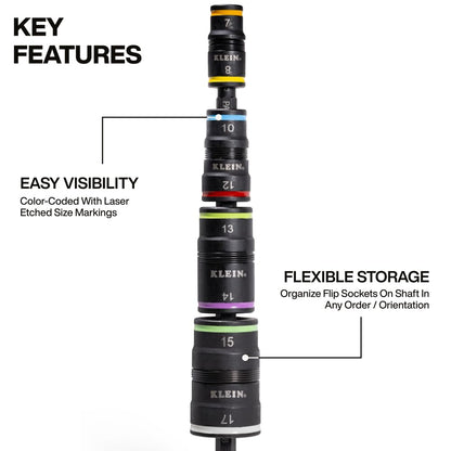 Klein Tools 32934M Impact Driver, 8-in-1 Metric Socket Set, 4 Flip Sockets with 7, 8, 10, 12, 13, 14, 15 and 17mm Nut Driver Sizes, Impact Rated 6-1/2-Inch Shaft