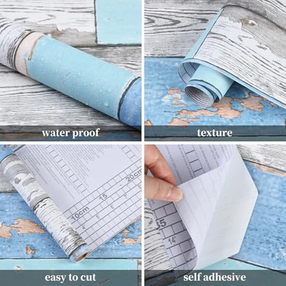 Caltero Wood Plank Wallpaper 17.7" ¡¿ 118" Blue Distressed Wood Wallpaper Peel and Stick Wood Grain Contact Paper Vintage for Furniture Bedroom Countertop Cabinet