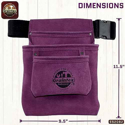 Graintex SS2082 3 Pocket Nail & Tool Pouch Purple Color Suede Leather with 2¡± Webbing Belt for Constructors, Electricians, Plumbers, Handymen