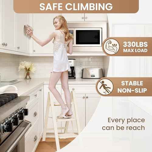 GameGem 3 Step Ladder Folding Step Stool with Wide Anti-Slip Pedal, 330LBS Capacity, Lightweight Portable Stepladder for Home and Kitchen Use, Cream White