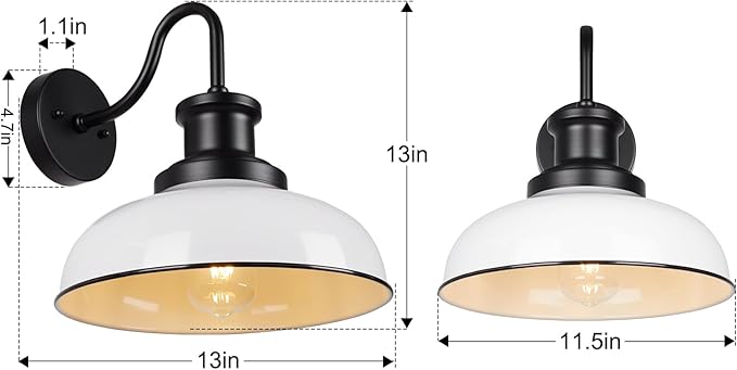Outdoor Gooseneck Barn Light, Rustic Exterior Wall Mount Light, Farmhouse Vintage Wall Lighting Fixture, Industrial White Lantern for Porch, Garage, RZ007 WH