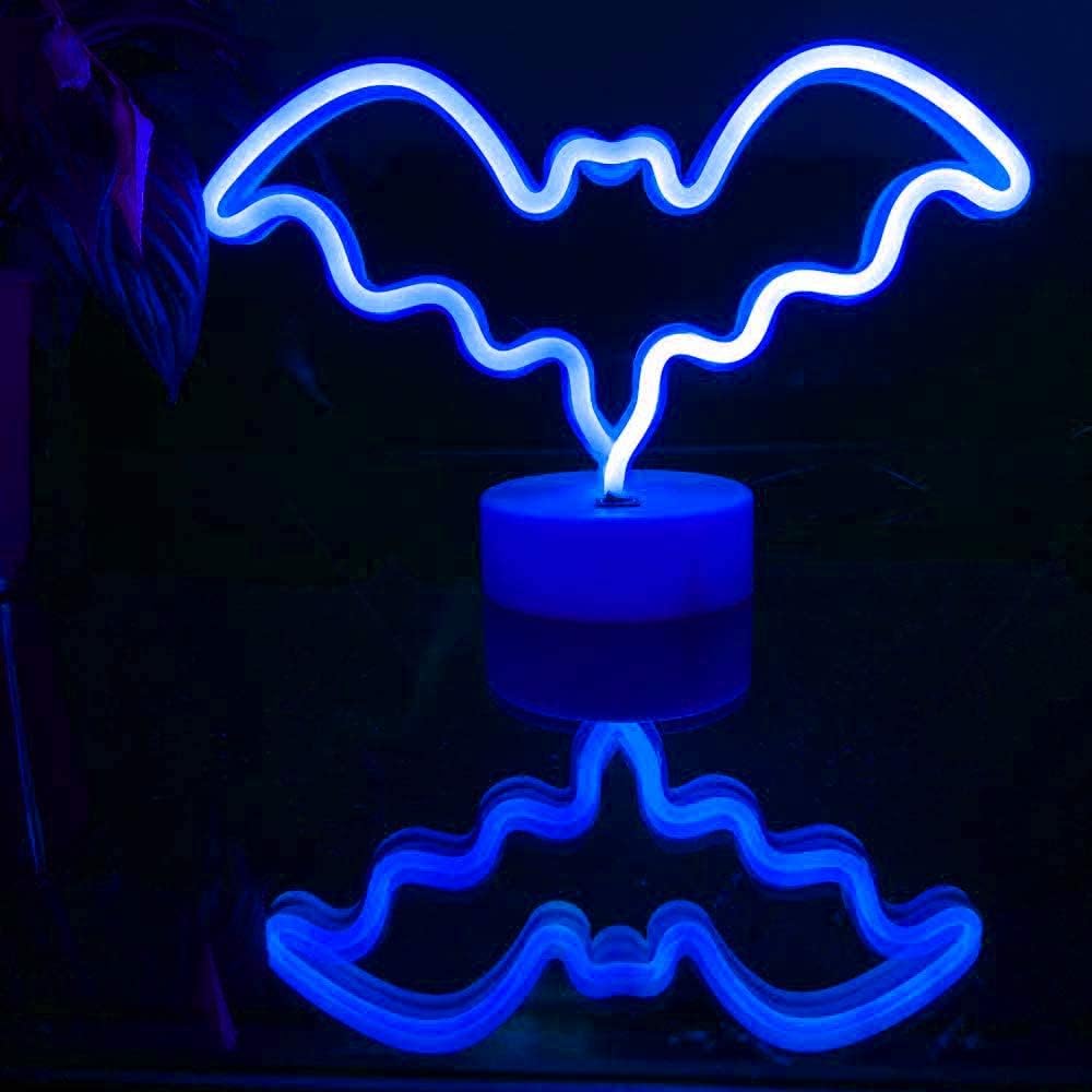 OHLGT LED Neon Light, Neon Sign Bat Lamp with Base, Battery and USB Operated Neon Decorative Lights for Halloween, Christmas, New Years, Party, Bar, Home, Bedroom (Blue)