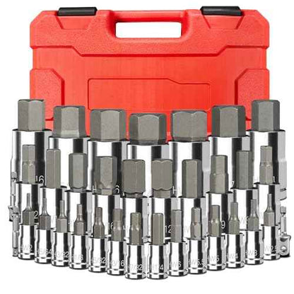 34-Pieces Hex Bit Socket Set, BLACKROBOT 1/4" 3/8" 1/2" Drive SAE & Metric Size Allen Socket Set with Socket Adapters and Portable Storage Case, S2 Alloy Steel