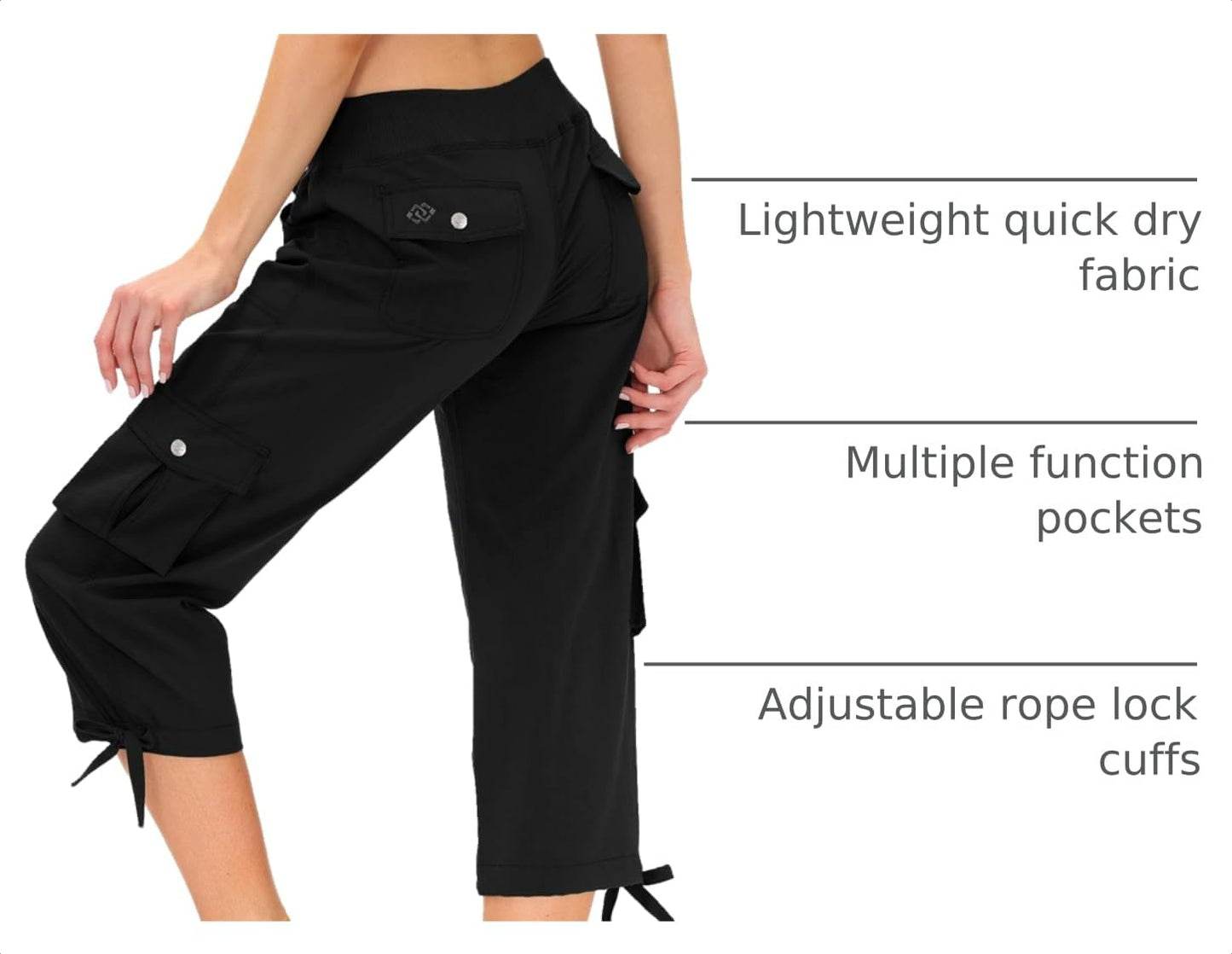 MoFiz Women's Hiking Capris Pants Lightweight Quick Dry Running Athletic Casual Outdoor Cargo Pants for Women Pockets Black L