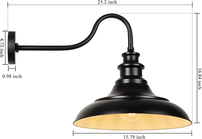 Exterior Farmhouse Gooseneck Barn Light, Porch Lights Outdoor, 16 Inch Vintage Outside Garage Lights Fixtures, Anti-Rust Waterproof Outdoor Light for Patio Frontdoor Entryway Doorway, Matte Black