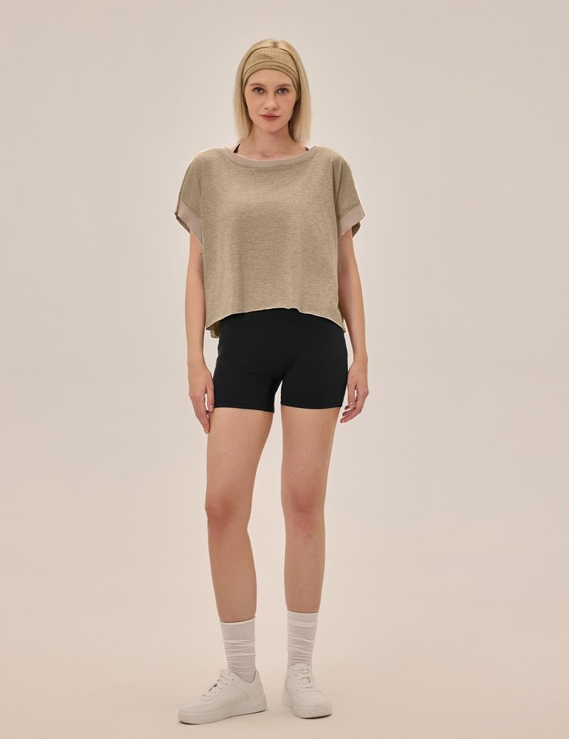 UNIANKIYA Open Back Workout Tops for Women Loose Fit Athletic Crop Tee Short Sleeve Gym Running Yoga Shirt Taupe