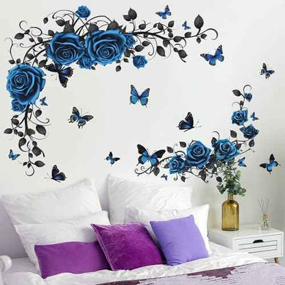 Removable Blue Floral Rose Wall Decor 3D Peel and Stick Flower Vine Black Plants Vines Leaf Wall Stickers Flying Butterfly Wall Decals for Kids Girls Baby Bedroom Nursery Living Room (Blue)