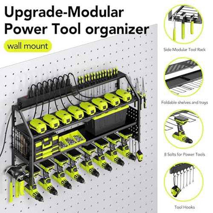 Power Tool Organizer Wall Mount with Charging Station, 8 Drill Holder with 8-Outlet Power Strip, Garage Cordless Drill Storage and Organization, Battery Utility Rack
