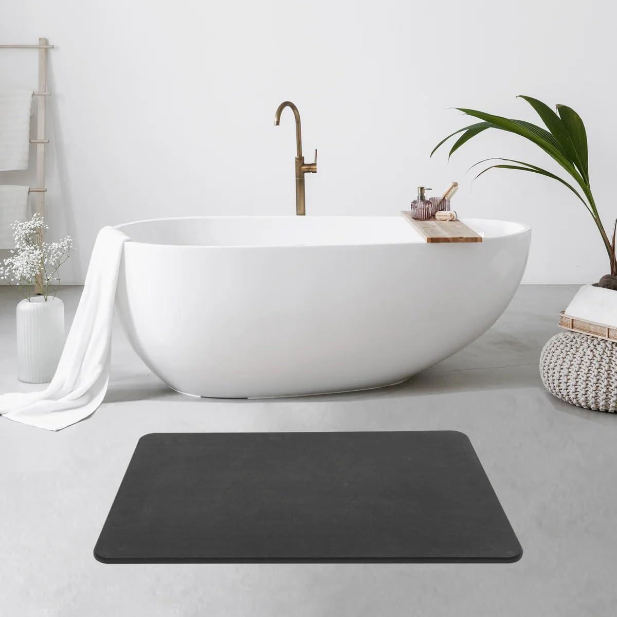 J&V TEXTILES Stone Bath Mat Diatomaceous Earth Shower Mat Non-Slip Super Absorbent Diatomite Stone Mats for Bathroom Floor Quick-Drying Easy to Clean (24''*15'') (Matte Black)