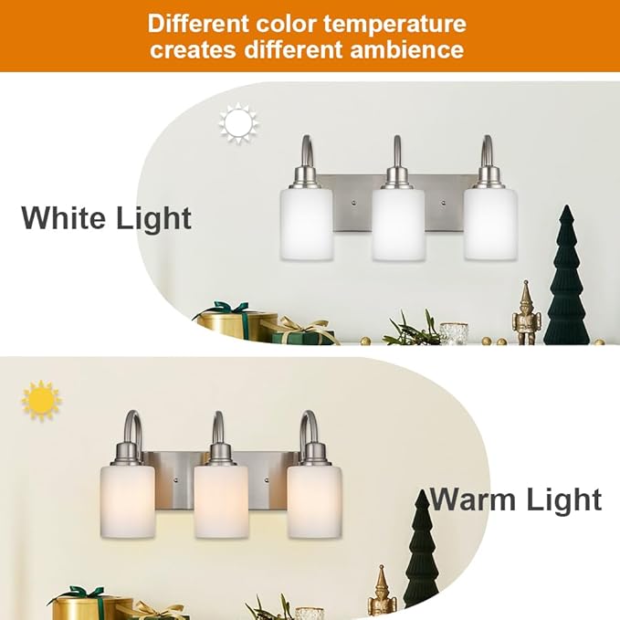 VINLUZ 3-Light Indoor Modern Bathroom Vanity Lighting Fixtures,Brushed Nickel Finish Metal Wall Light Over Mirror with Opal White Glass Shade for Hallway Makeup Table