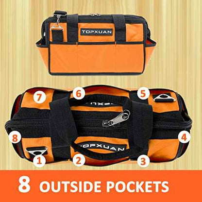Tool Bag 13 Inch Waterproof Orange Tool Organizer with Wide Mouth and Shoulder Strap for Power and Small Hand Tools Oxford Cloth Fabric(18 Pockets)