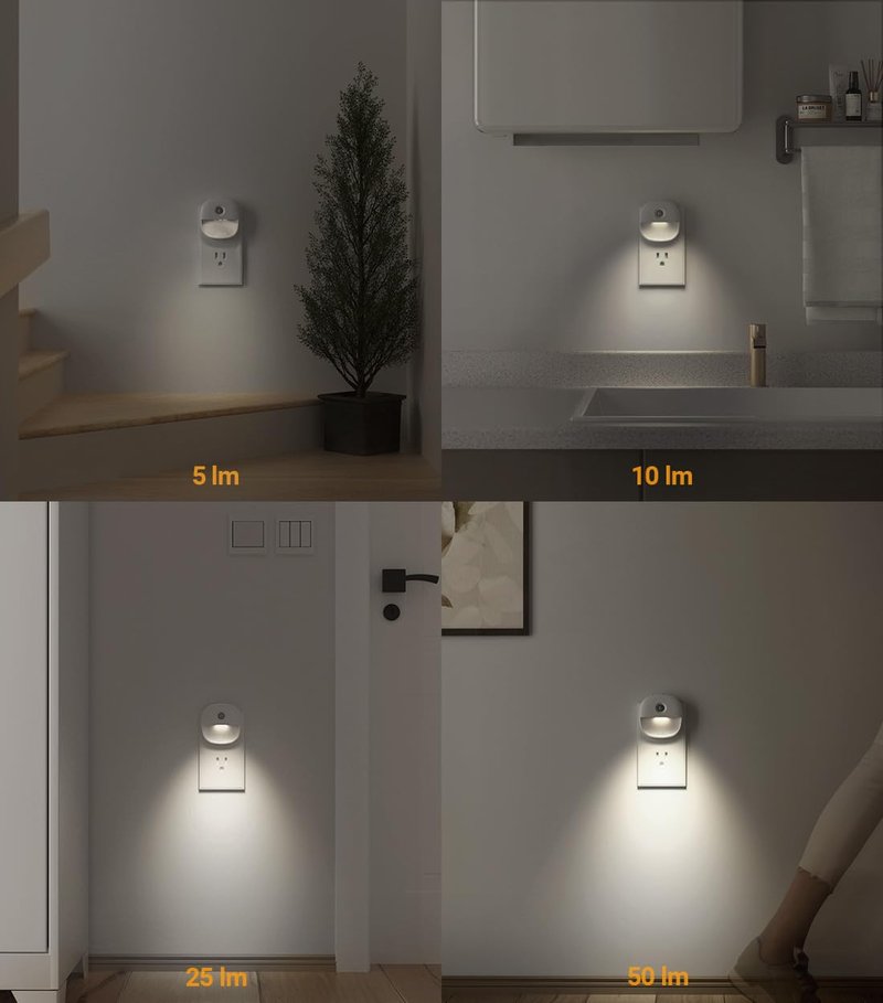 Lyridz Plug in Night Light with Motion Sensor and Dusk to Dawn Sensor, Dimmable Cool White Nightlight with 1-50lm Adjustable Brightness for Bedroom, Bathroom, Stairs, Hallway, 4 Pack