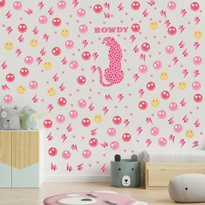 Kisston 9 Sheets Preppy Pink Wall Decal Hot Aesthetic Howdy Smile Face Lightning Vinyl Wall Decals Pink Cheetah Murals Decal for College Students Girls Dorm Bedroom Living Room Nursery Decoration