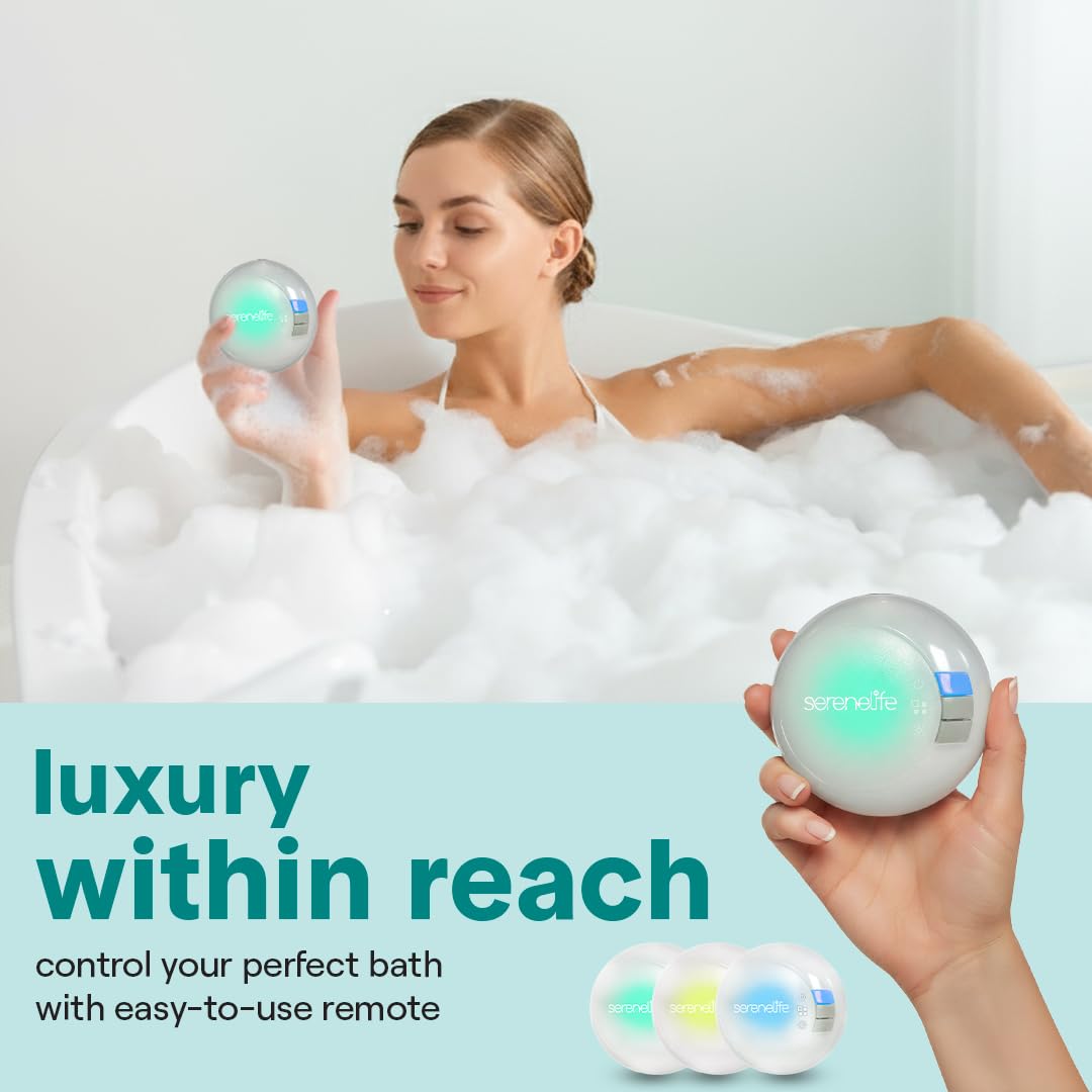 SereneLife Bubble Bath Mat - Portable Spa Bubble Bath Massager with Waterproof Bath Light & Pillow, Adjustable Bubble Intensity, Easy Button Control, Remote Control