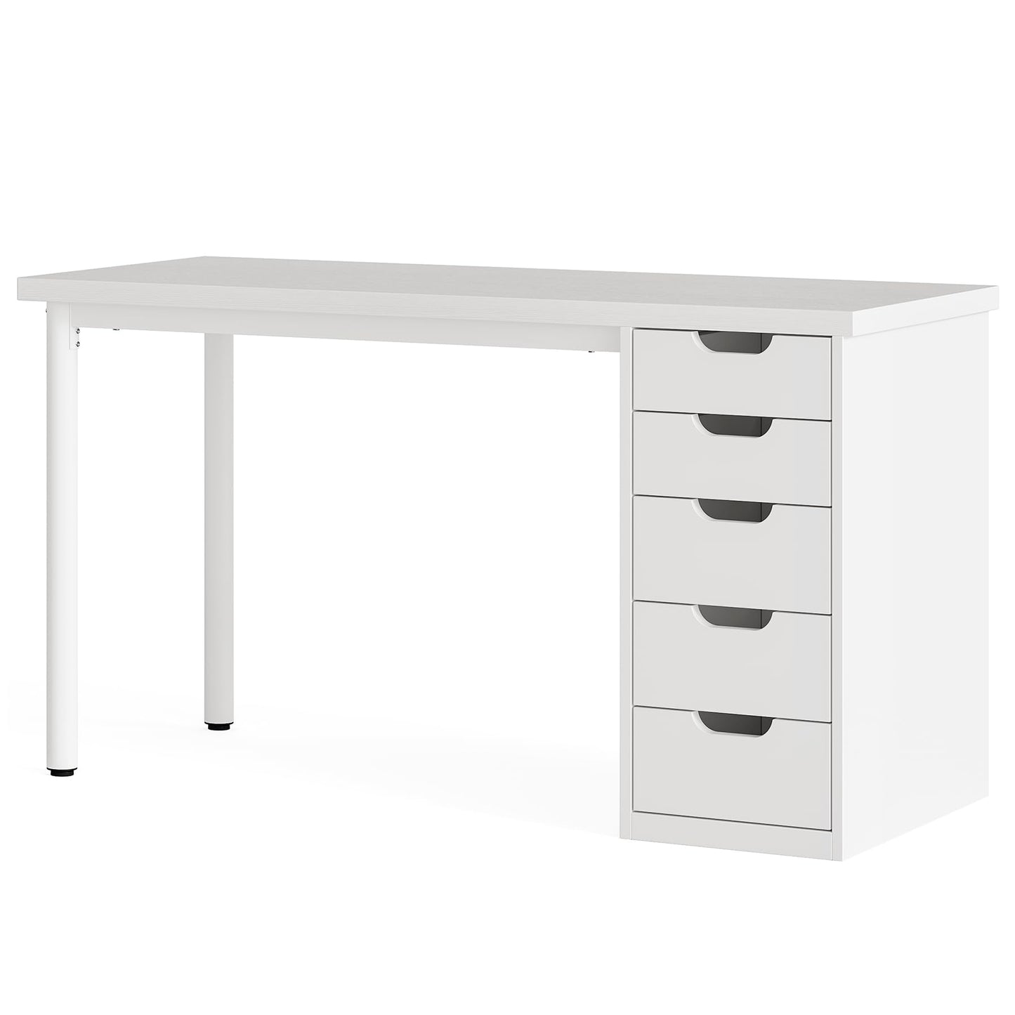 LITTLE TREE Computer Desk with 5 Drawers, 47 Inch White Modern Simple Study Writing Desk with Metal Frame, Work Desk for Home Office