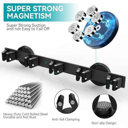 Magnetic Mop Broom Holder, Strong Non Slip Magnetic Broom Mop Hanger, Heavy Duty Magnetic Hooks For Hanging Shovel Rake Tools, Wall Mounted Utility Storage Magnet Rack (5 Rack)