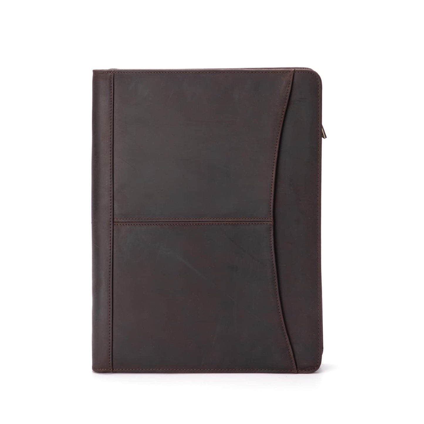 Geslun Genuine Leather Portfolio with Front Pocket for Men and Women, Zippered Padfolio Binder 8.5 x 11 Legal Pad Notebook Holder, Fits 13” Laptop, Professional Work File Case, Dark Brown