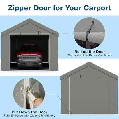 Carport Canopy Replacement Zipper Door Fits 12x20 FT Carport, Waterproof & UV Protected, Easy Assembly with Ball Bungees, Grey (Door Panel Only, 1 Pack)