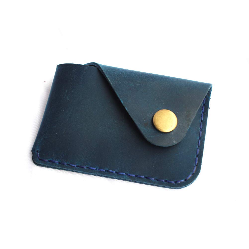 Handmade Leather Card Holder with Snap Closure - Ultra-Thin Minimalist Front Pocket Wallet, Hand-Stitched Genuine Leather Simple Card Case for Men & Women(Blue)
