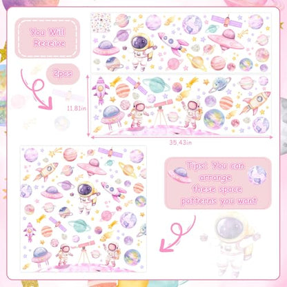 Kreatwow 2pcs Outer Space Wall Stickers for Girl Outer Space Wall Decorations Pink Astronaut Planet Decal Solar System Birthday Decoration Galaxy Rocket Cling Sticker Galaxy Astronaut Party Home Decor