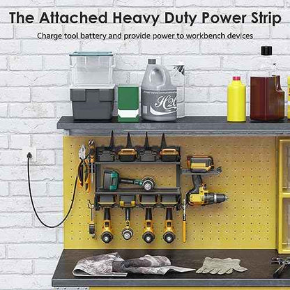 CCCEI Modular Power Tool Organizer Wall Mount Charging Station, Black 6 Drills Holder with 8 Plug Power Strip 10FT, Garage Drill Battery Heavy Duty Metal Shelf, Utility Rack with Hooks, Side Storage.