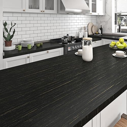 Livelynine Textured Black and Gold Wallpaper Peel and Stick Black and Gold Contact Paper for Cabinets Countertops Desk Covering Waterproof Renter Friendly Wallpaper for Bathroom Apartment 15.8X78.8