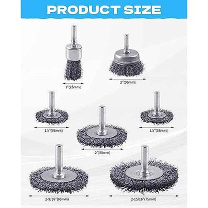 Rocaris 7-Pack Carbon Steel Wire Wheel Brush Set - Cup, Wheel, Pen Brushes with 1/4-Inch Round Shank for Rust Removal, Corrosion and Scrubbing Surfaces