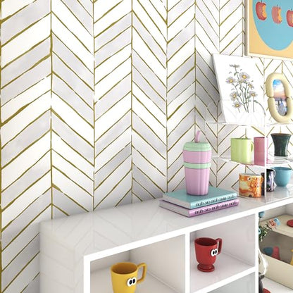 Gold and Light Gray Peel and Stick Wallpaper, Modern Geometric Contact Paper 17.3''x78.7'', Removable Herringbone Wallpaper, Geometric Striped Contact Paper Self-Adhesive for Cabinets