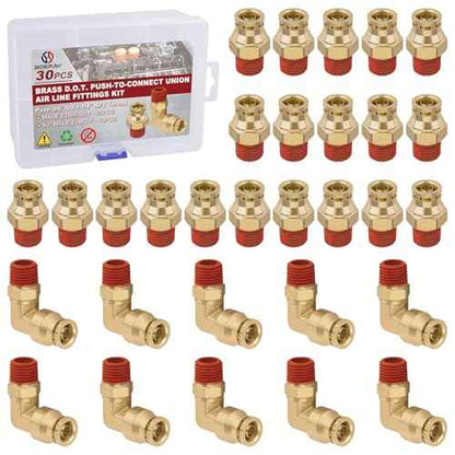 3/8¡± Quick Push to Connect Fittings Brass Male Straight and Elbow Combination DOT Approved 3/8" Tube OD x 1/4" NPT Thread Air Brake Line Adapter Air Suspension Kit Air Hose Repair Kit 30pcs
