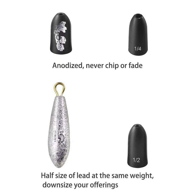 Fishfun Tungsten Bullet Fishing Weights, Insert Free Worm Sinkers, 12 Pack, 1/16oz, No Chip Black