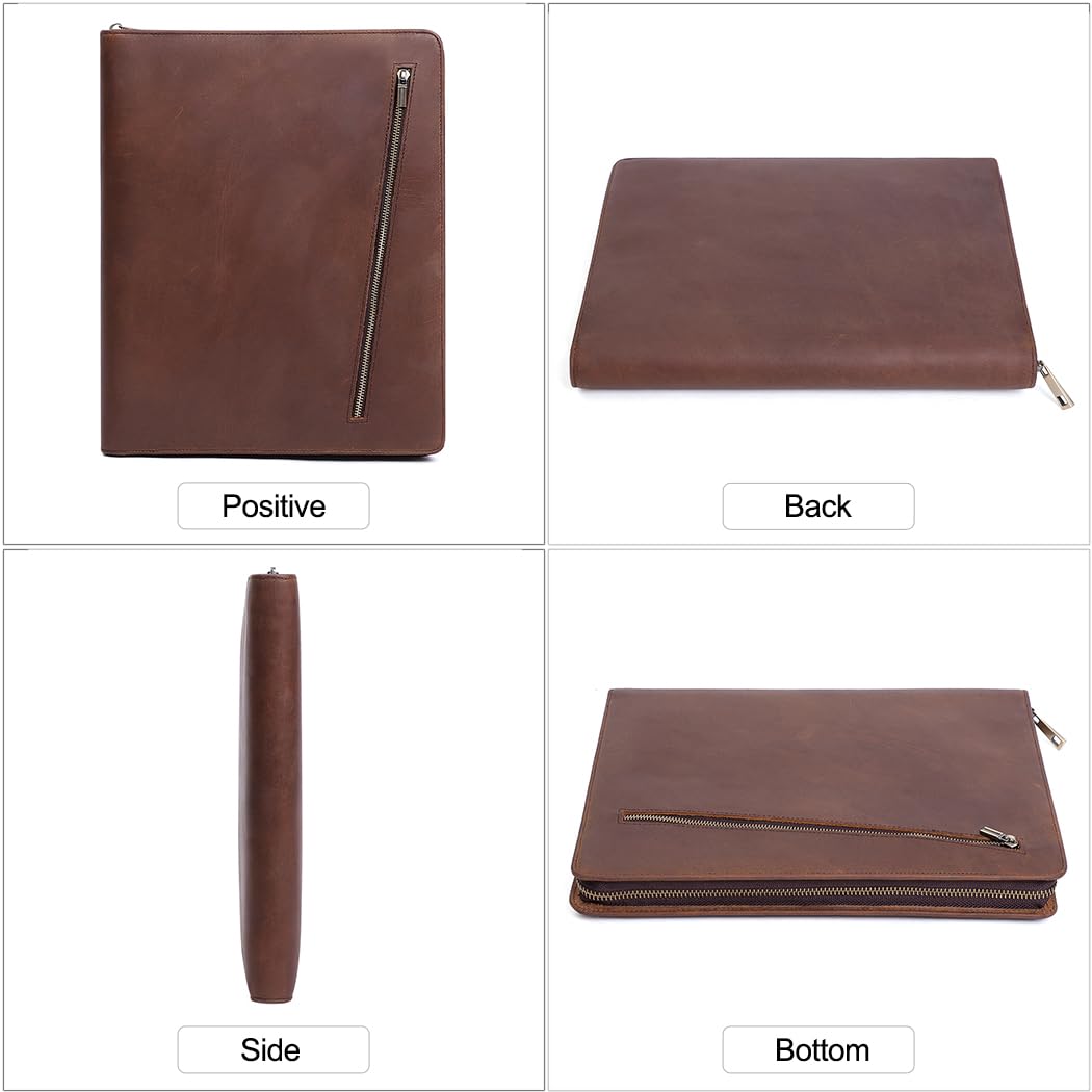 Crazy Horse Leather Portfolio Binder with 3-Zipper, Executive Padfolio Business Organizer & Resume Portfolio with iPad Holder, Legal Pad Portfolio for Men, Meetings, Interviews & Business Travel