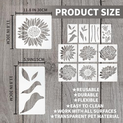 Large Flower Stencils for Painting - 10 Pcs Giant Floral Stencils with Rose & Daisy Designs for Walls, Fences & DIY Crafts