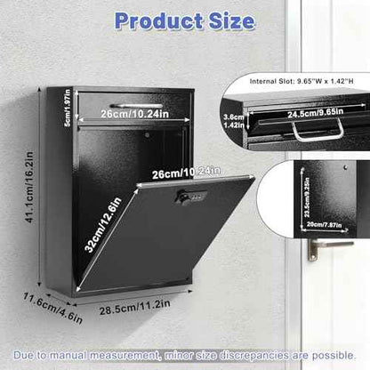KYODOLED Steel Combination Lock Mail Boxes Outdoor, Locking Wall Mount Mailbox, Security Lock Drop Box, Collection Boxes, 16.2H x 11.2L x 4.6W Inches, Black X Large