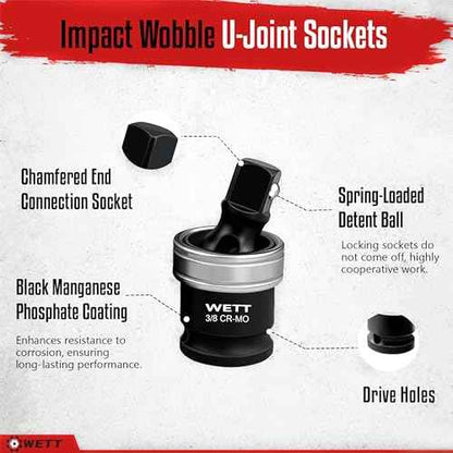WETT Impact Universal Joint Set, 3-Piece Socket Swivel Adapter Set, 1/2", 3/8" and 1/4" Drive Impact Grade Wobble Socket, U-Joint Sockets, CR-MO Steel