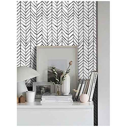 HAOKHOME Black and White Wallpaper Peel and Stick Stripe Herringbone Geometric Textured Self Adhesive Contact Paper Removable for Bathroom 17.7in x 9.8ft