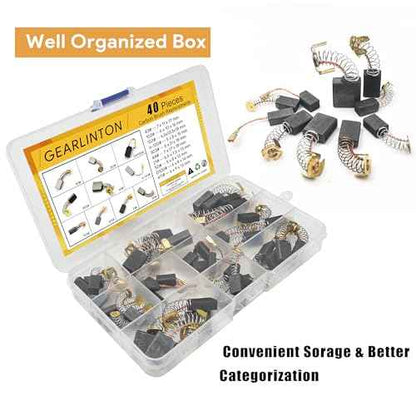 Electric Motor Carbon Brushes for Power Tools Repair Maintenance, Set of 40 PCS in 10 Different Sizes for Angle Grinders, Electric Hammer Drills, Circular Saws