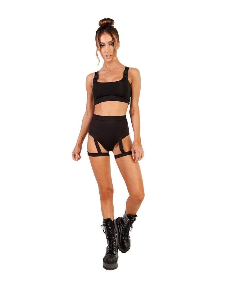 iHeartRaves Showdown Harness High Waisted Booty Shorts for Women Rave Bottoms Pole Dance Shorts (Black, Small)