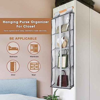 Silkfly 2 Pack Hanging Purse Organizer for Closet Clear Handbag Storage Hanger with Zipper Holder over The Door Wardrobe Tote Bag Storage Holder for Bedrooms Living Room(Gray)