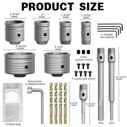 31Pcs Concrete Hole Saw Set, 30/40/50/65/80 100mm Masonry Hole Saw with SDS Plus & Max Shank Drill Bit Sets, Masonry Hole Saw Tool Set for Concrete,Brick,Cement,Stone,Wall Drilling.